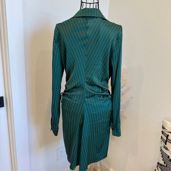 WAYF Daniela Cutout Green Pinstripe Long Sleeve Shirt Dress- Small - Picture 3 of 11